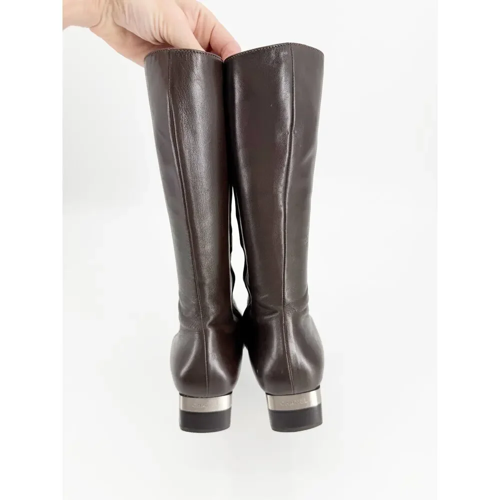 Chanel Vintage Brown Leather CC Cap Toe Silver Heel Riding Boots Size 40 EU 9.5